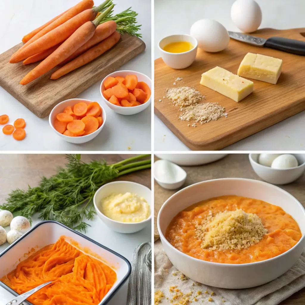 Step-by-step collage showing preparation of carrot casserole from carrots to baking.
