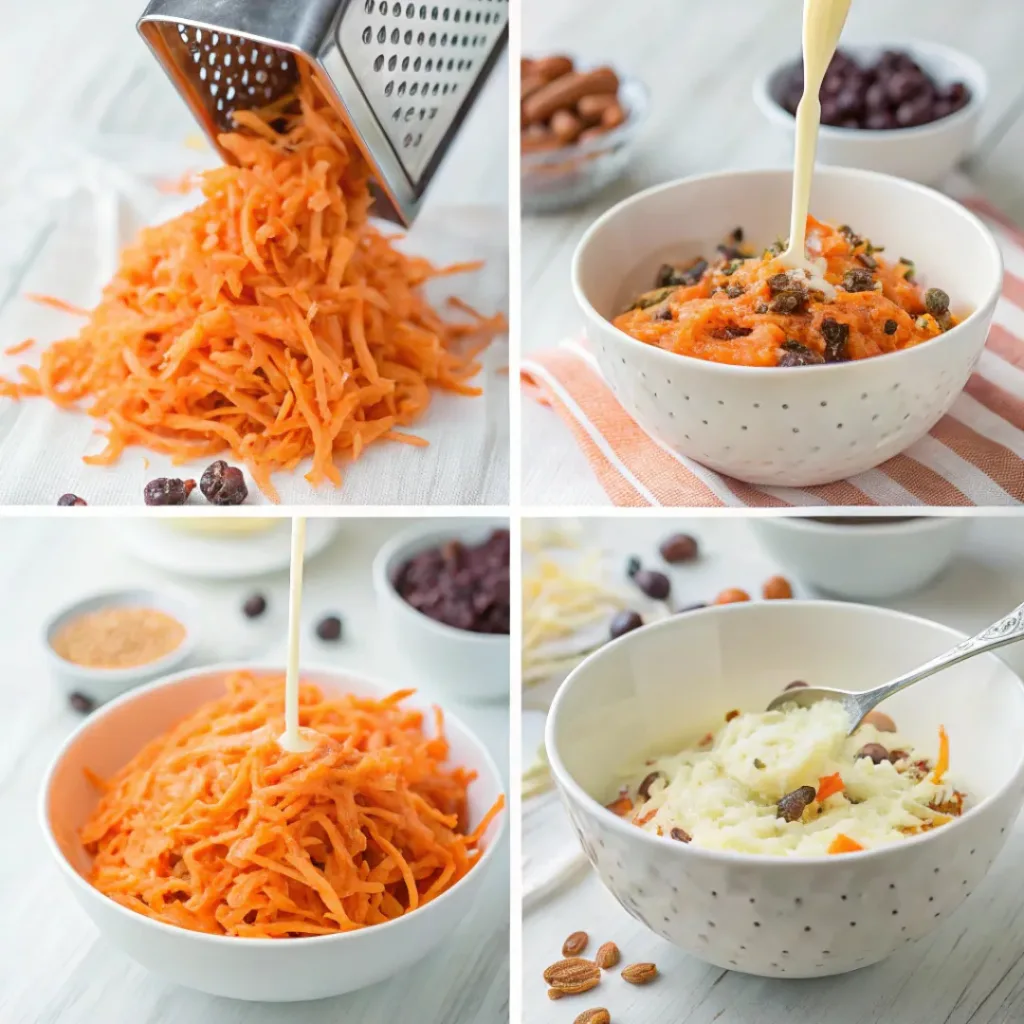 Step-by-step collage showing shredding carrots, mixing dressing, combining ingredients, and serving salad.