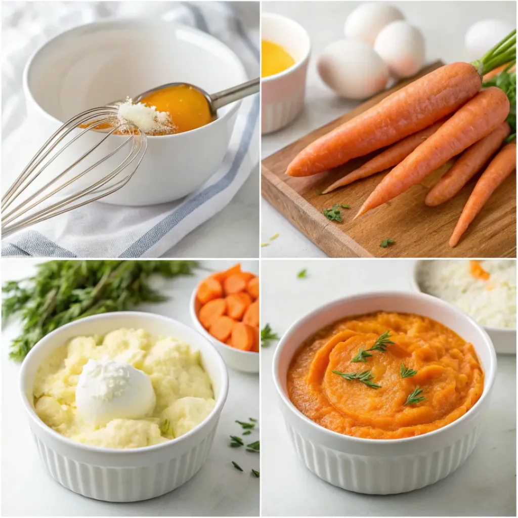Step-by-step collage showing preparation of carrot soufflé from cooked carrots to baked soufflé.