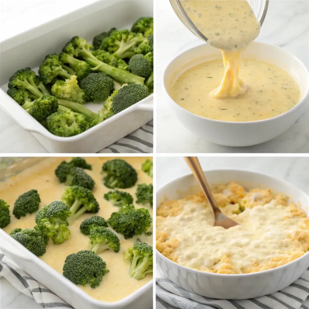 Step-by-step collage showing preparation of cheddar broccoli casserole from broccoli to baked dish.