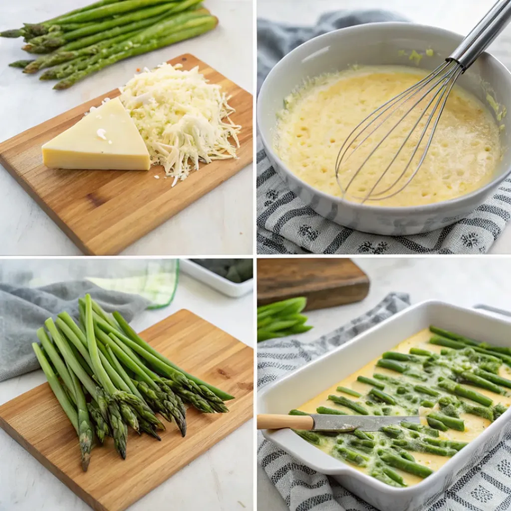 Flat lay of asparagus, cheese, cream, butter, garlic, and breadcrumbs for casserole.
