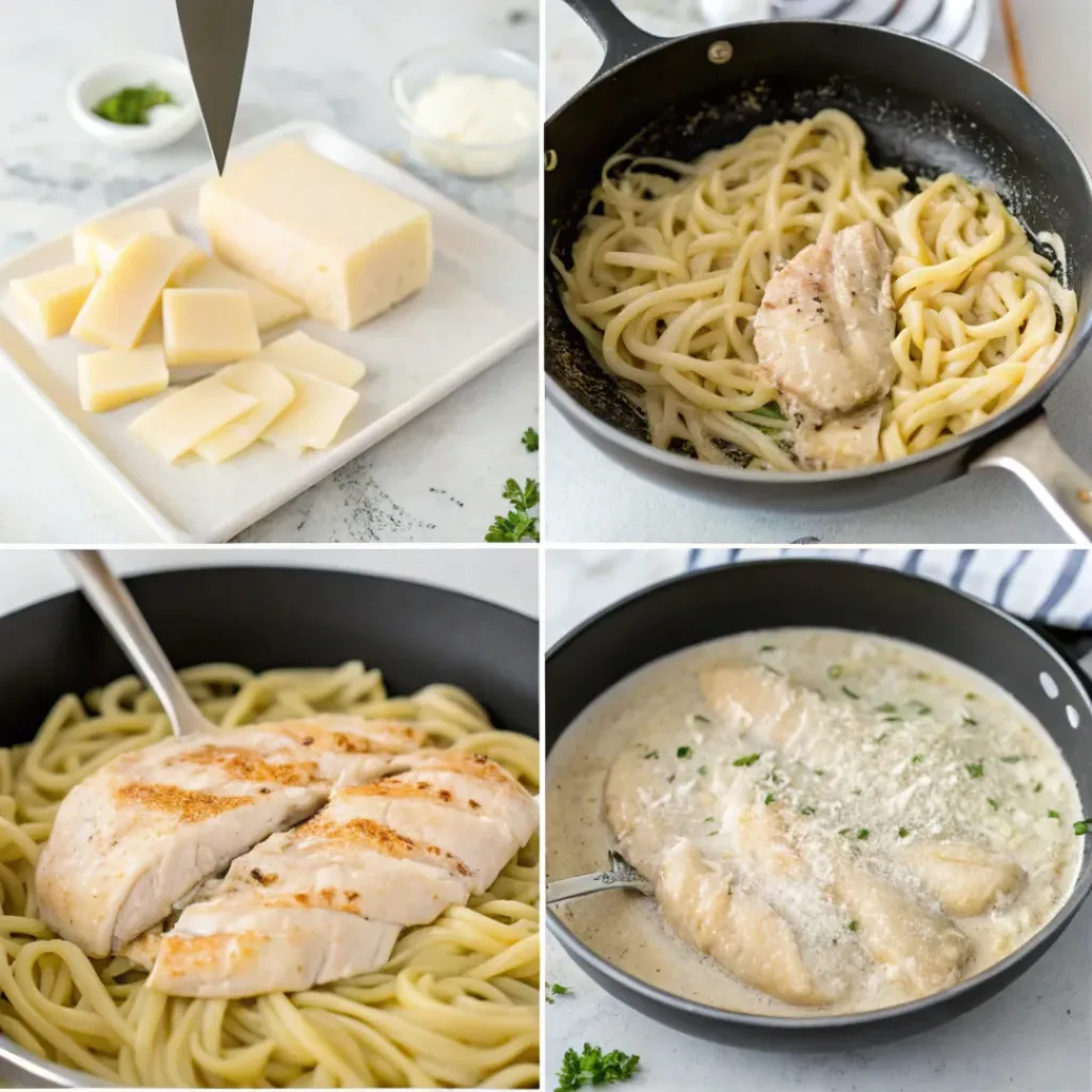 Step-by-step collage showing cooking chicken, boiling pasta, making Alfredo sauce, and mixing pasta.