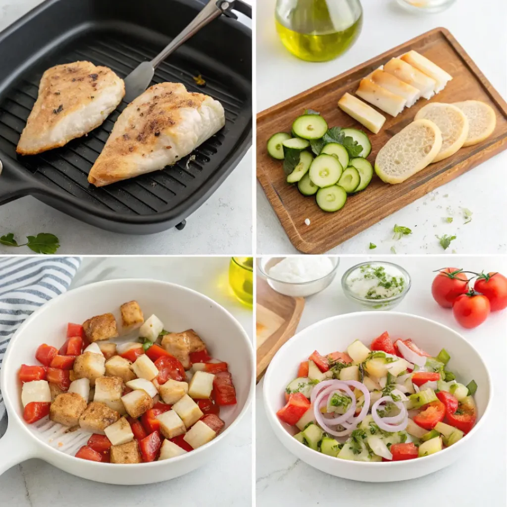 Step-by-step collage showing grilling chicken, toasting bread, mixing vegetables, and assembling salad.
