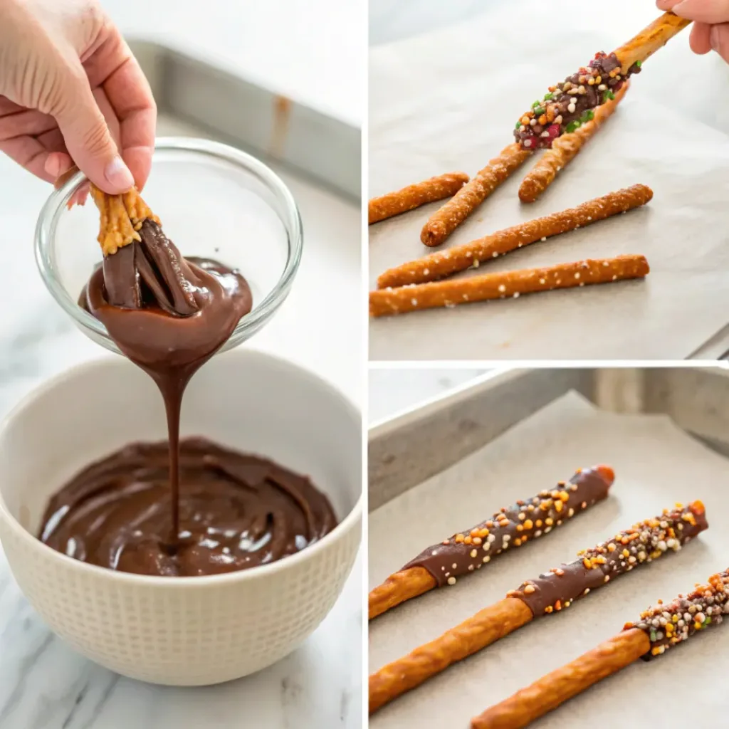 Chocolate Covered Pretzel Rods – Sweet & Salty Treat 7 Step-by-step collage showing melting chocolate, dipping pretzels, adding sprinkles, and setting chocolate.