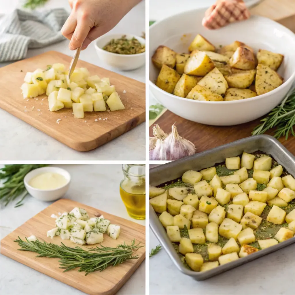 Step-by-step collage showing cutting potatoes, seasoning, roasting, and serving.