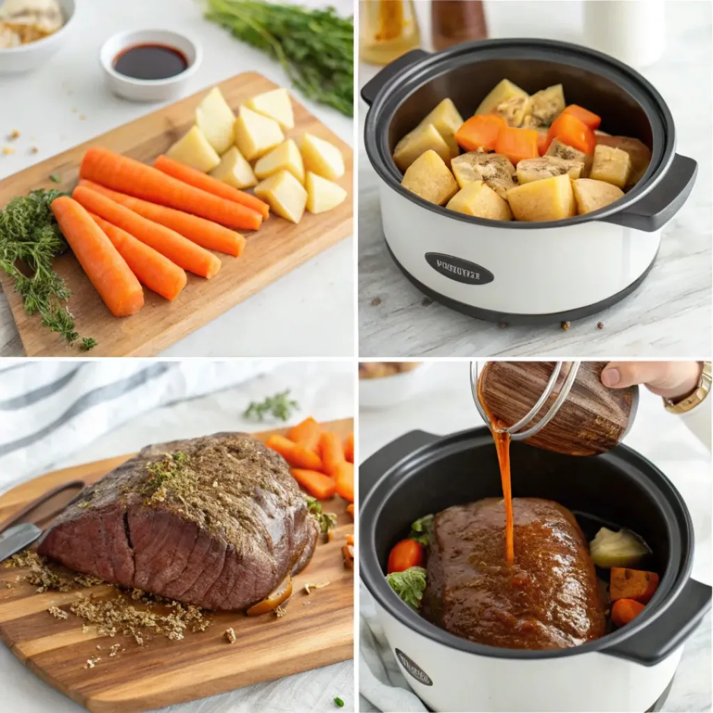 Step-by-step collage showing seasoning roast, adding vegetables, cooking in crockpot, and serving.