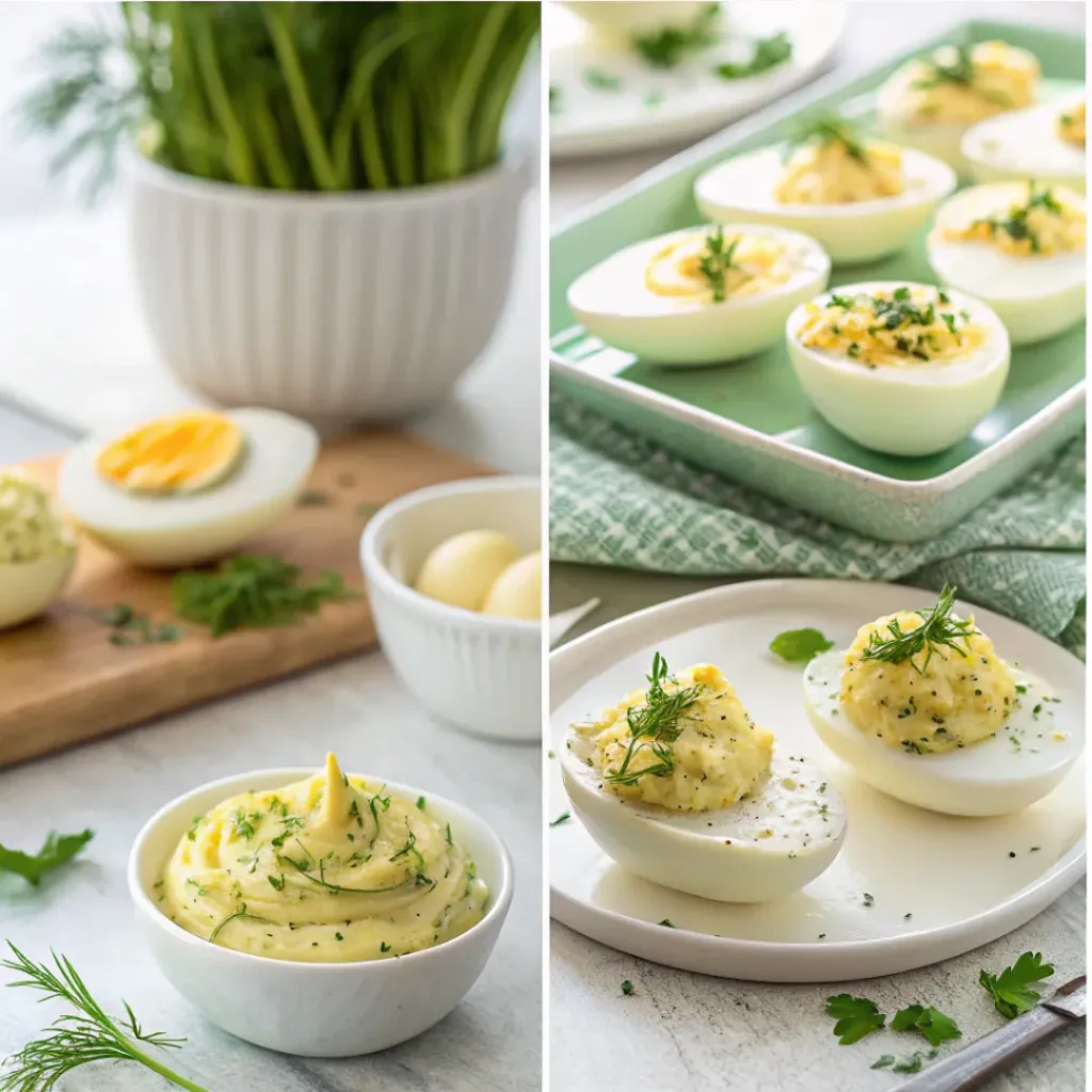 Deviled Eggs with Spring Herb – Fresh & Flavorful Appetizer 7 Step-by-step collage showing halving eggs, mixing filling, piping into eggs, and garnishing.