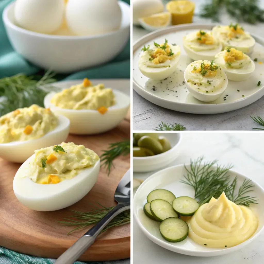 Step-by-step collage showing preparation of dill pickle deviled eggs from yolk mixing to final garnish.