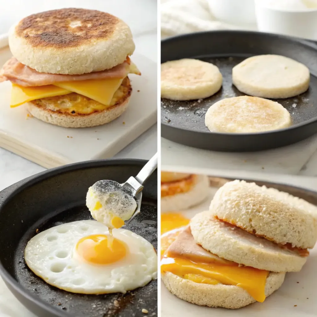 English Muffin Breakfast Sandwiches – Easy Freezer-Friendly Morning Meal 7 Step-by-step collage of assembling breakfast sandwich