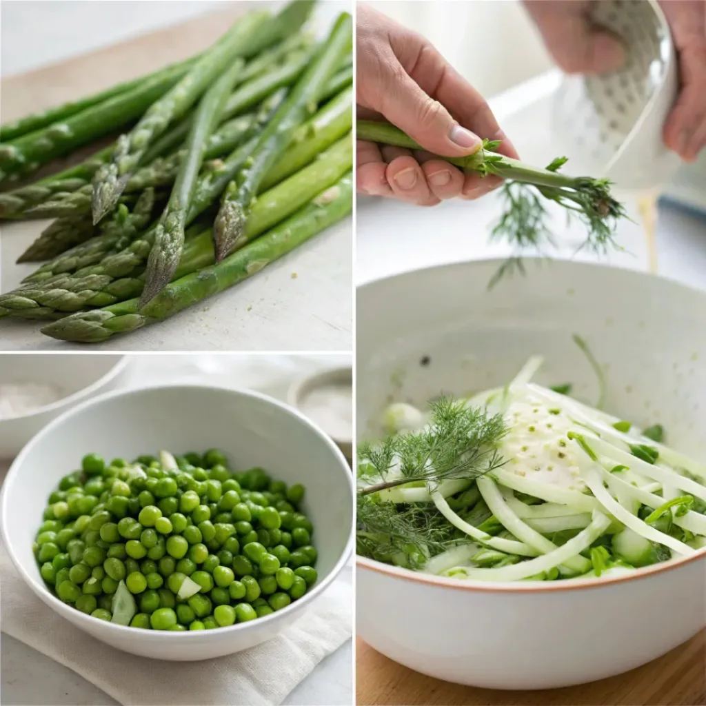 Step-by-step collage showing slicing fennel, preparing asparagus and peas, mixing salad, and serving.