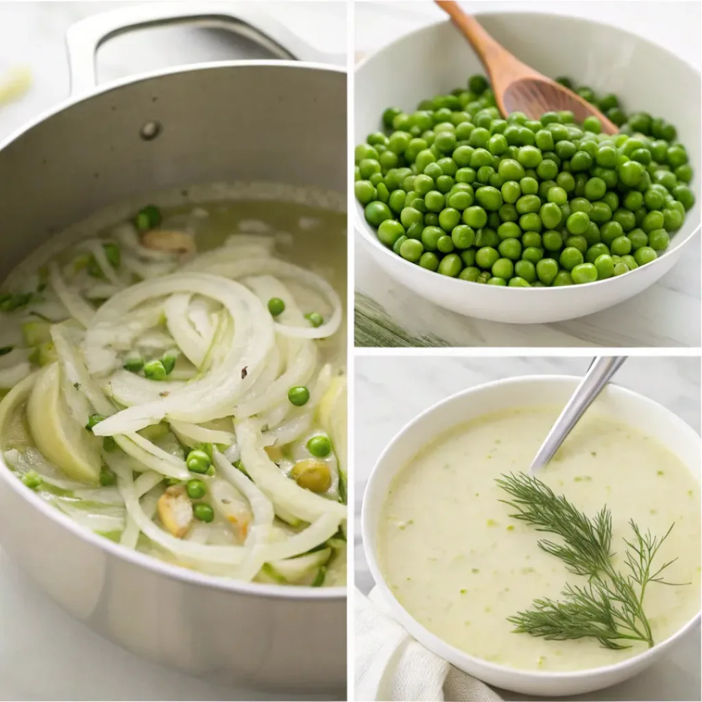 Step-by-step collage showing sautéing fennel, adding peas and stock, blending soup, and serving.