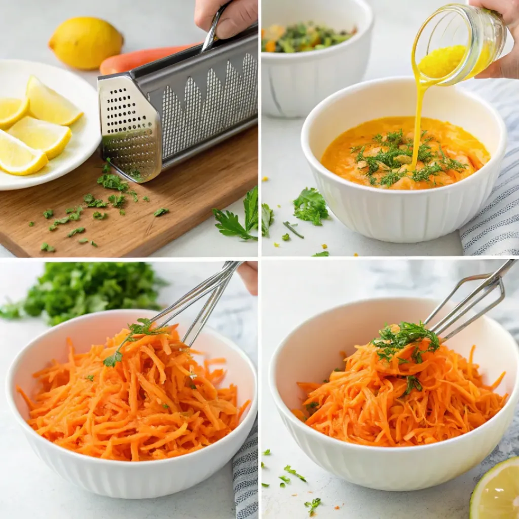 Step-by-step collage showing grating carrots, mixing vinaigrette, tossing salad, and serving.