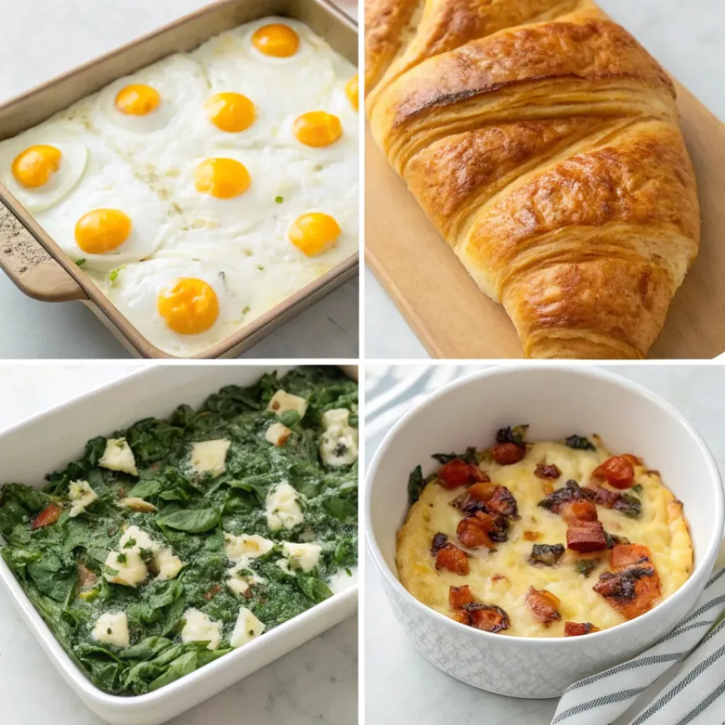 Step-by-step collage showing Greek croissant egg casserole from ingredients to baked dish.