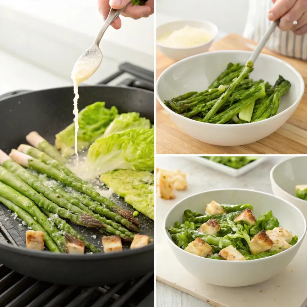Step-by-step collage showing grilling asparagus, preparing lettuce, tossing salad, and plating.