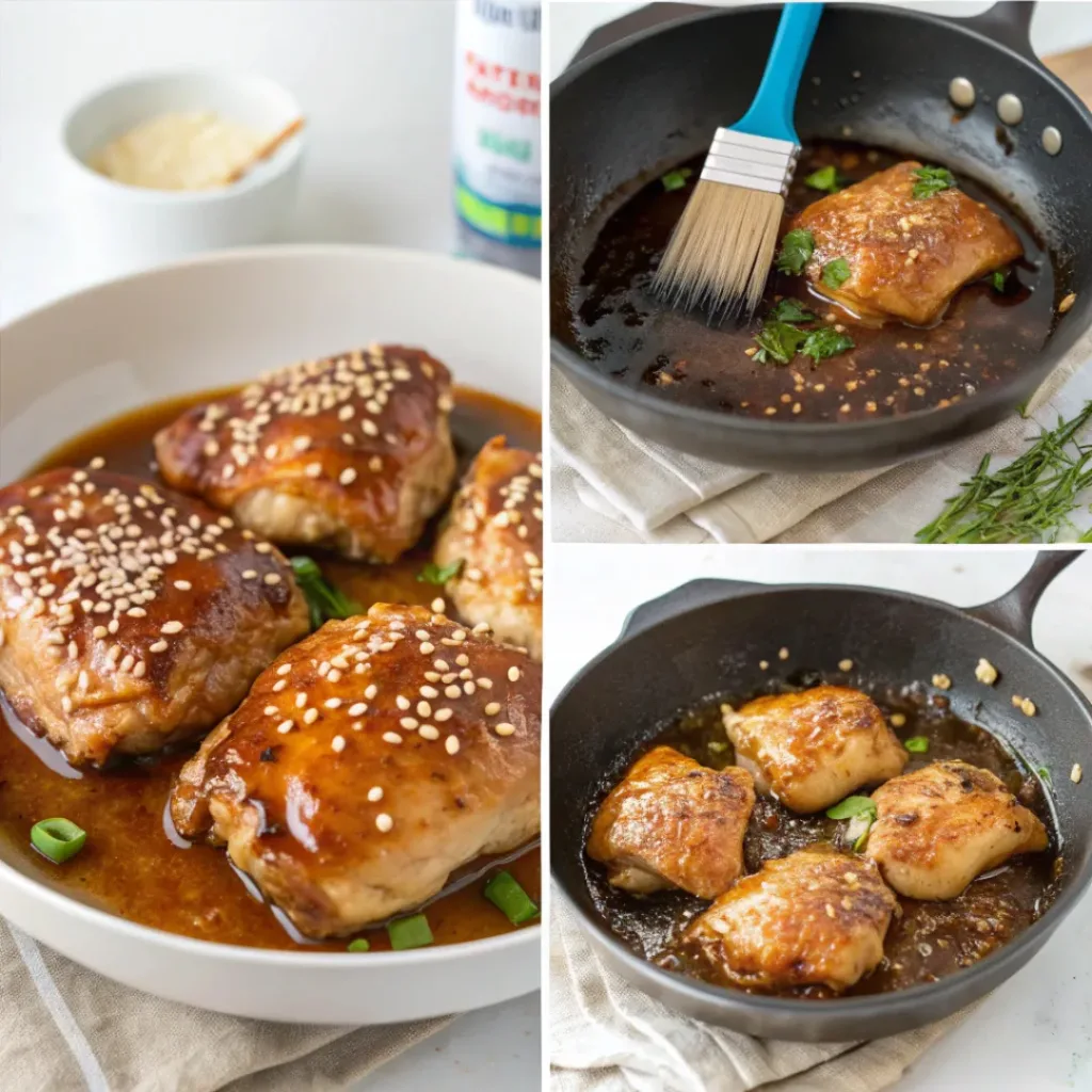 Step-by-step collage showing marinating chicken, searing in pan, glazing with sauce, and serving.