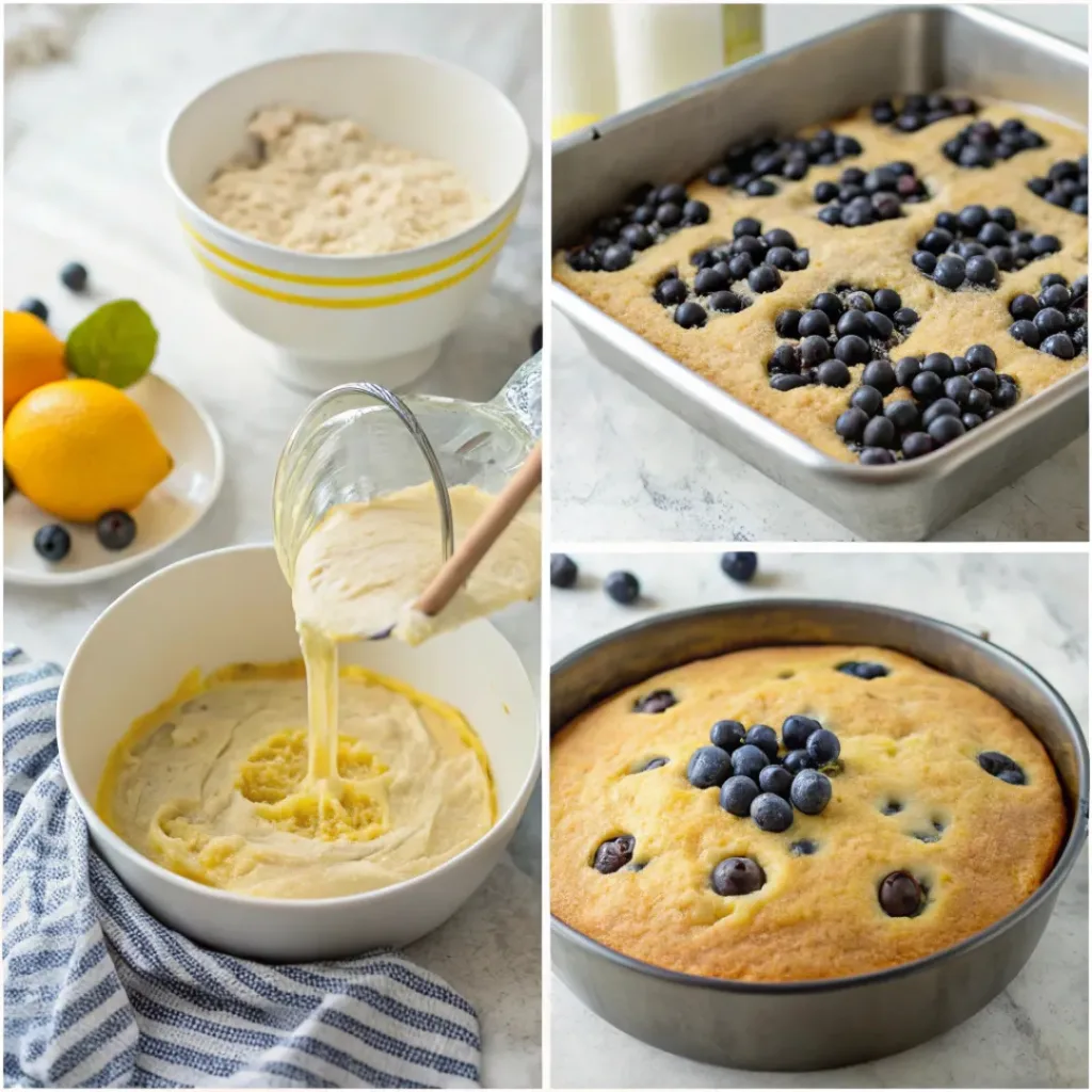 Step-by-step collage showing mixing batter, adding blueberries, pouring into pan, and baked cake.