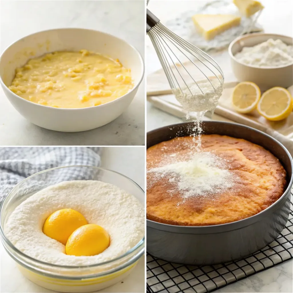 Ricotta cheese, lemons, eggs, flour, sugar, and butter arranged for baking lemon ricotta cake.