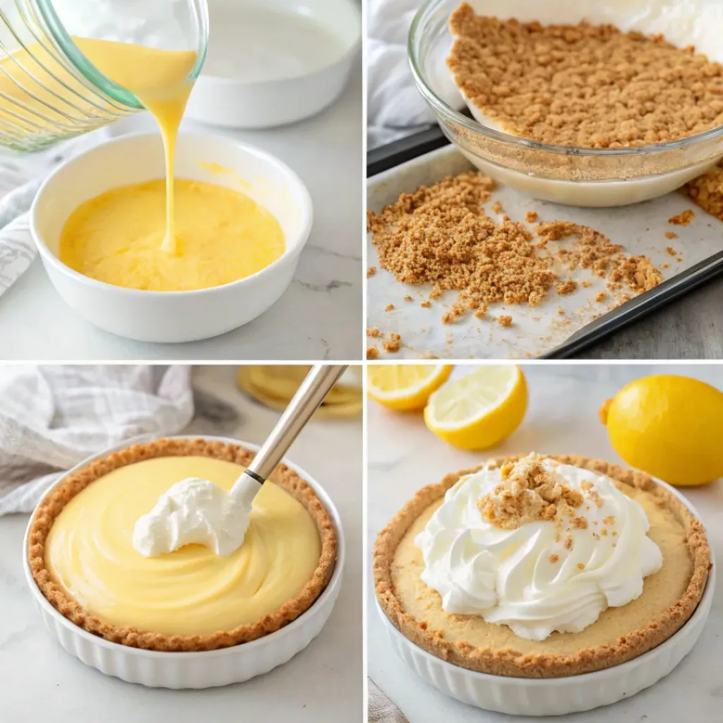 Step-by-step collage showing crust preparation, lemon filling mixing, and topping pie.