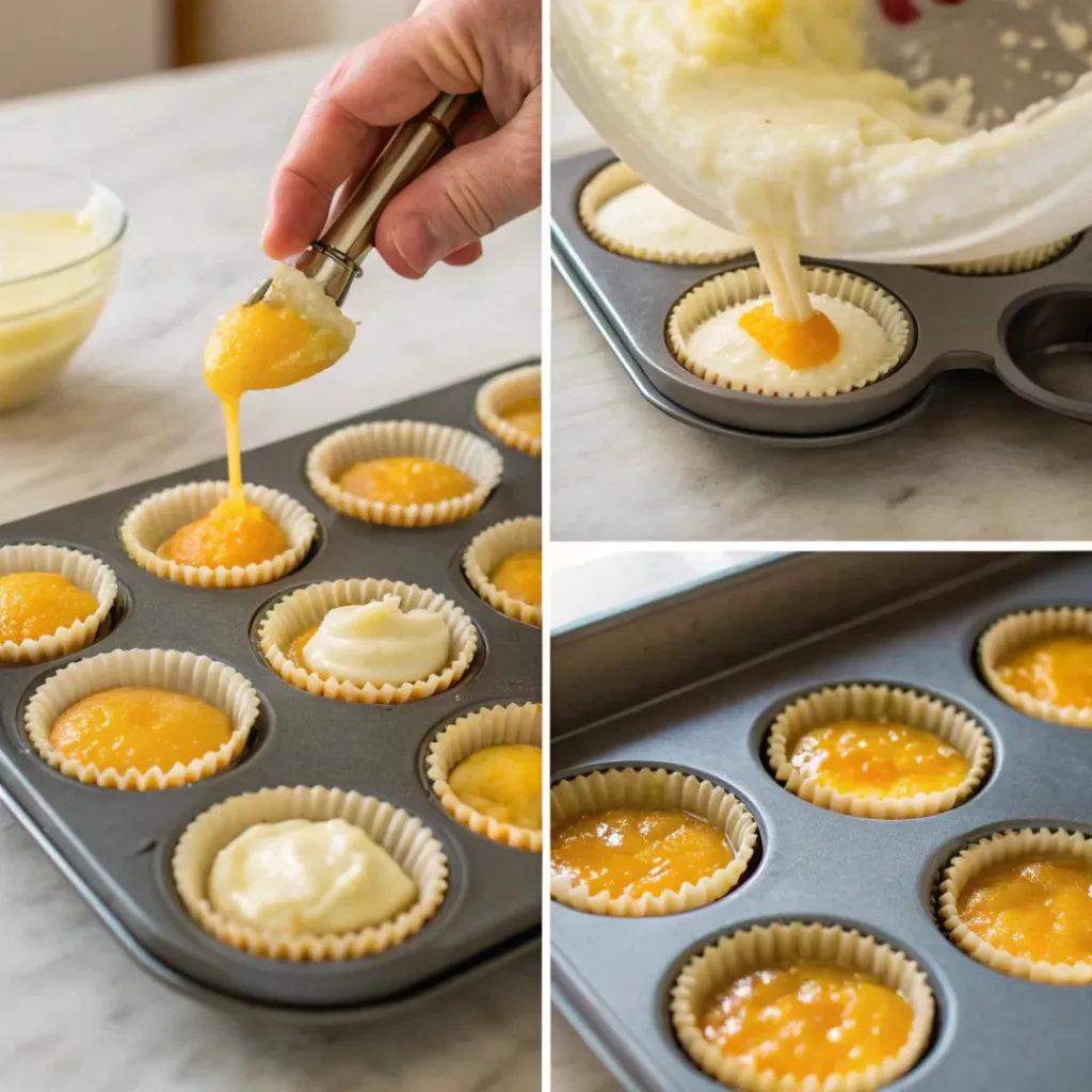 Step-by-step collage of preparing mini citrus cheesecakes