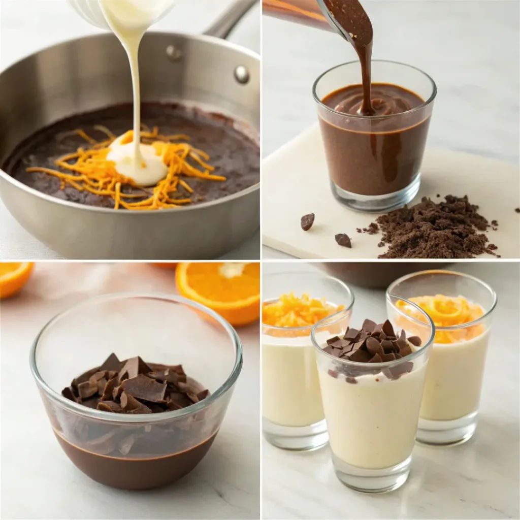 Step-by-step collage showing heating cream, melting chocolate, combining ingredients, and serving posset.