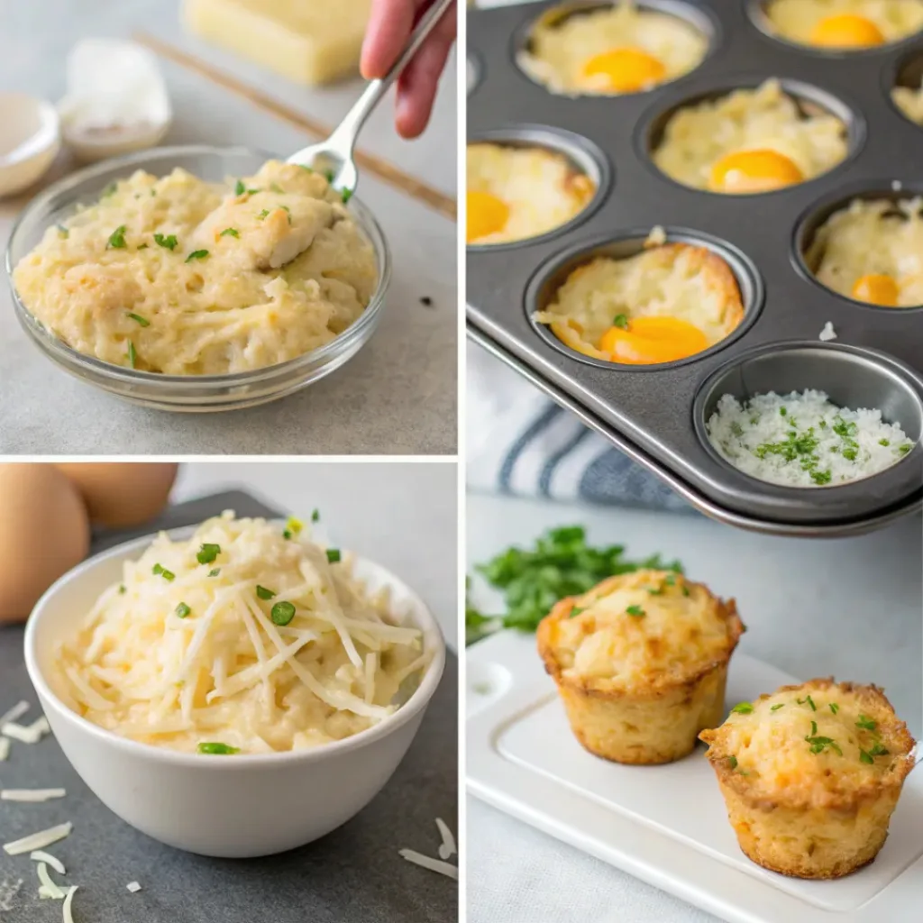 Step-by-step collage showing mixing potatoes, forming cups, baking, and serving.