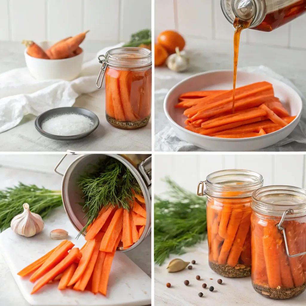 Step-by-step collage showing preparation of pickled carrots from cutting to jar sealing.