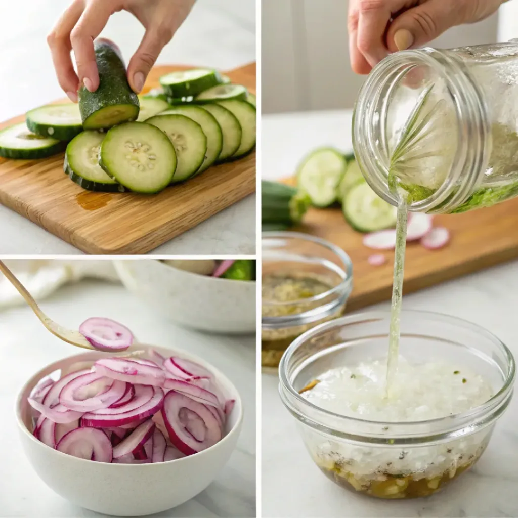 Pickled Cucumbers and Onions – Crisp, Tangy Refrigerator Pickles 7 Step-by-step collage showing slicing cucumbers, mixing brine, filling jar, and refrigerating.