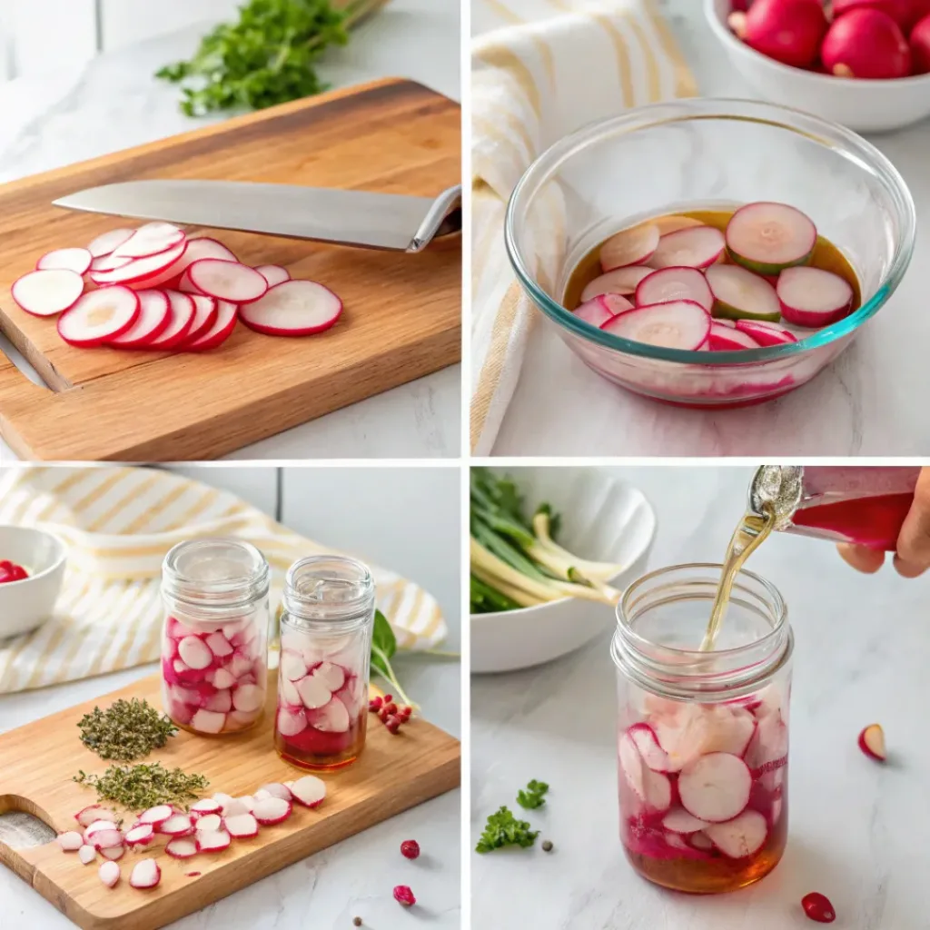 Step-by-step collage showing slicing radishes, preparing brine, filling jars, and finished pickles.