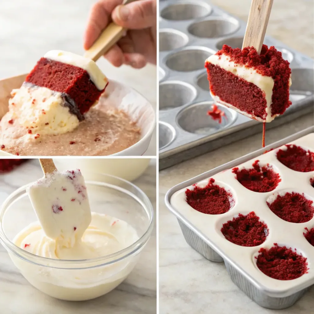 Four step collage showing cake crumbling, mixing, molding, and dipping cakesicles