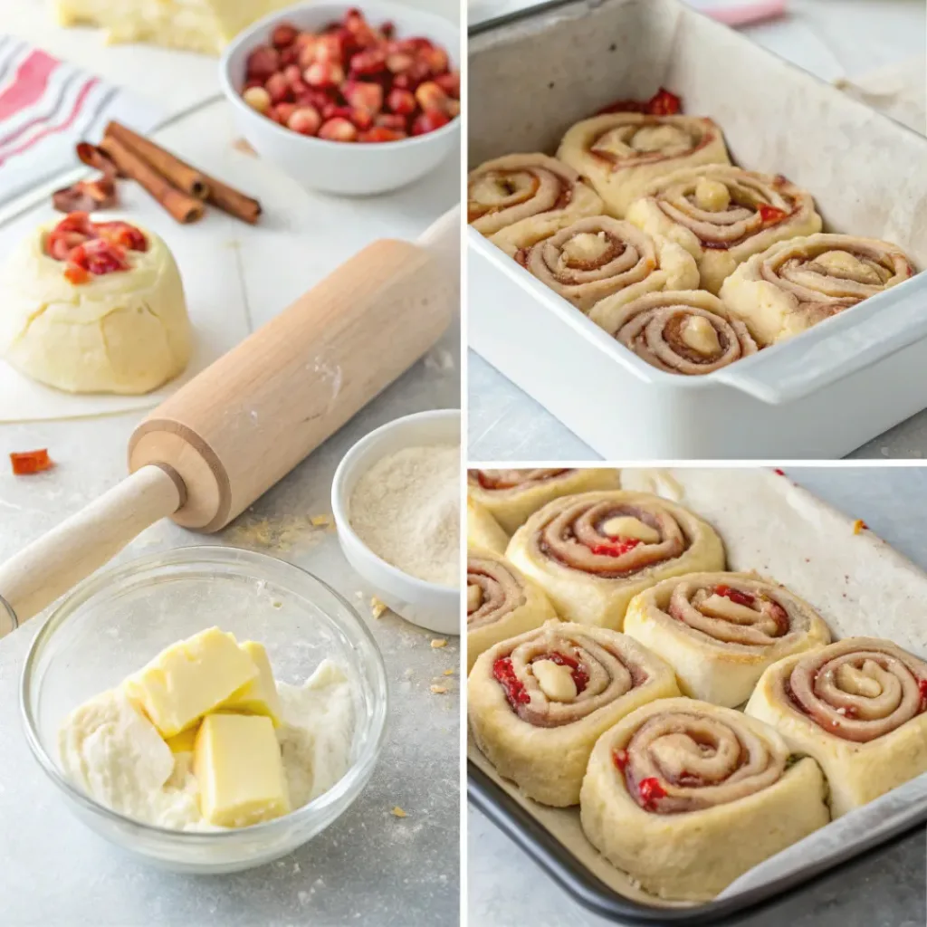 Step-by-step collage showing dough rolling, adding filling, shaping buns, and baking.