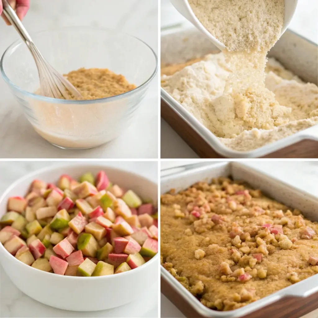 Step-by-step collage showing mixing batter, adding rhubarb, topping with streusel, and baking.
