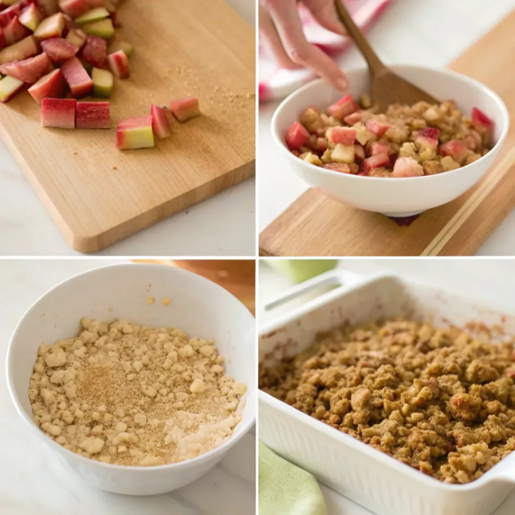 Step-by-step collage showing chopping rhubarb, mixing crumble, assembling, and baking.