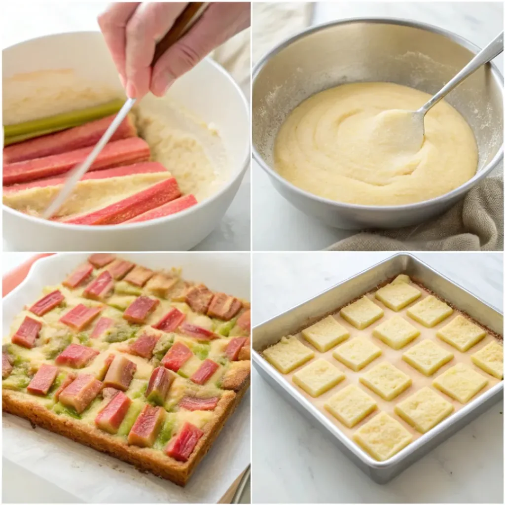 Step-by-step collage showing preparing crust, mixing custard, assembling bars, and baking.