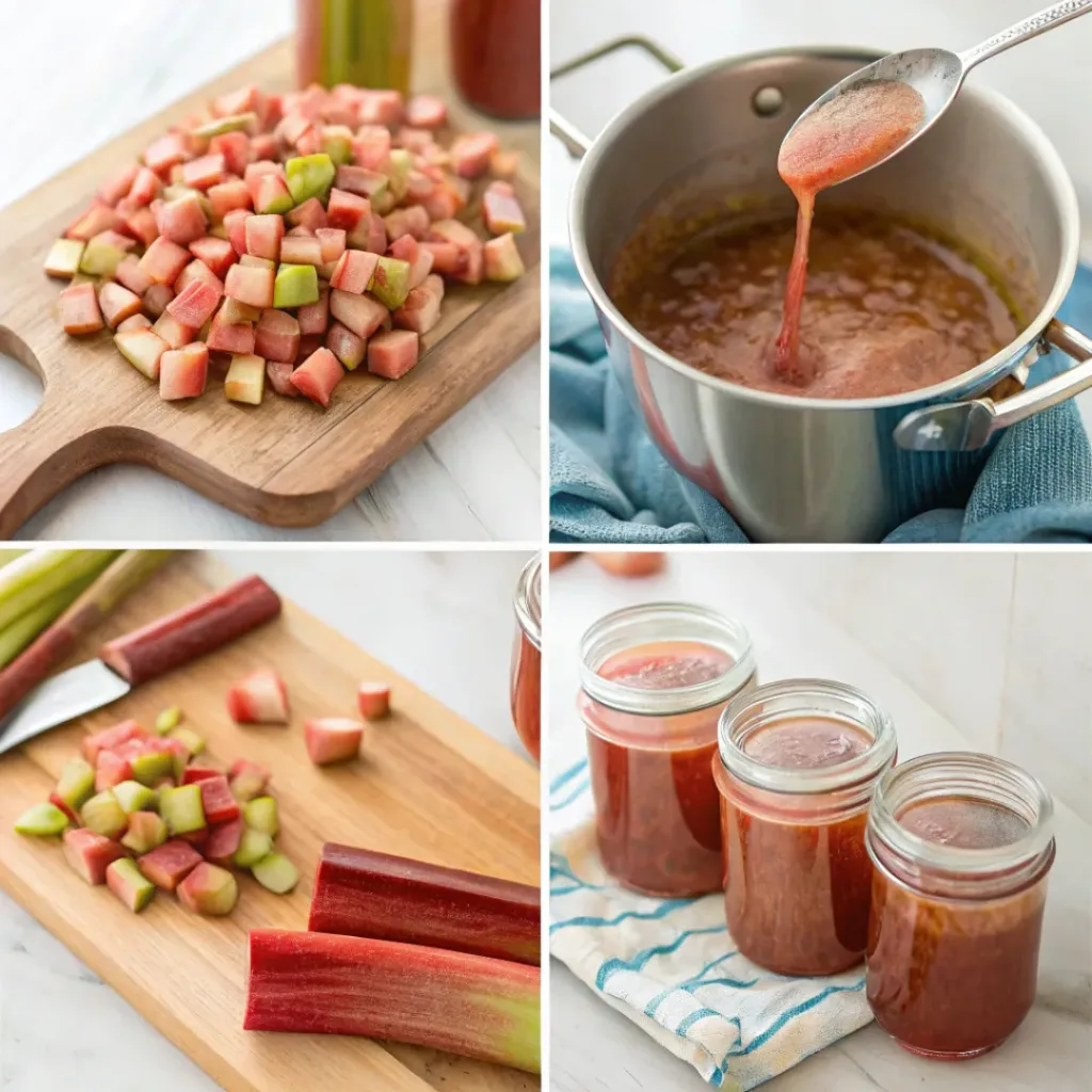 Step-by-step collage showing chopping rhubarb, cooking with sugar, boiling jam, and pouring into jars.