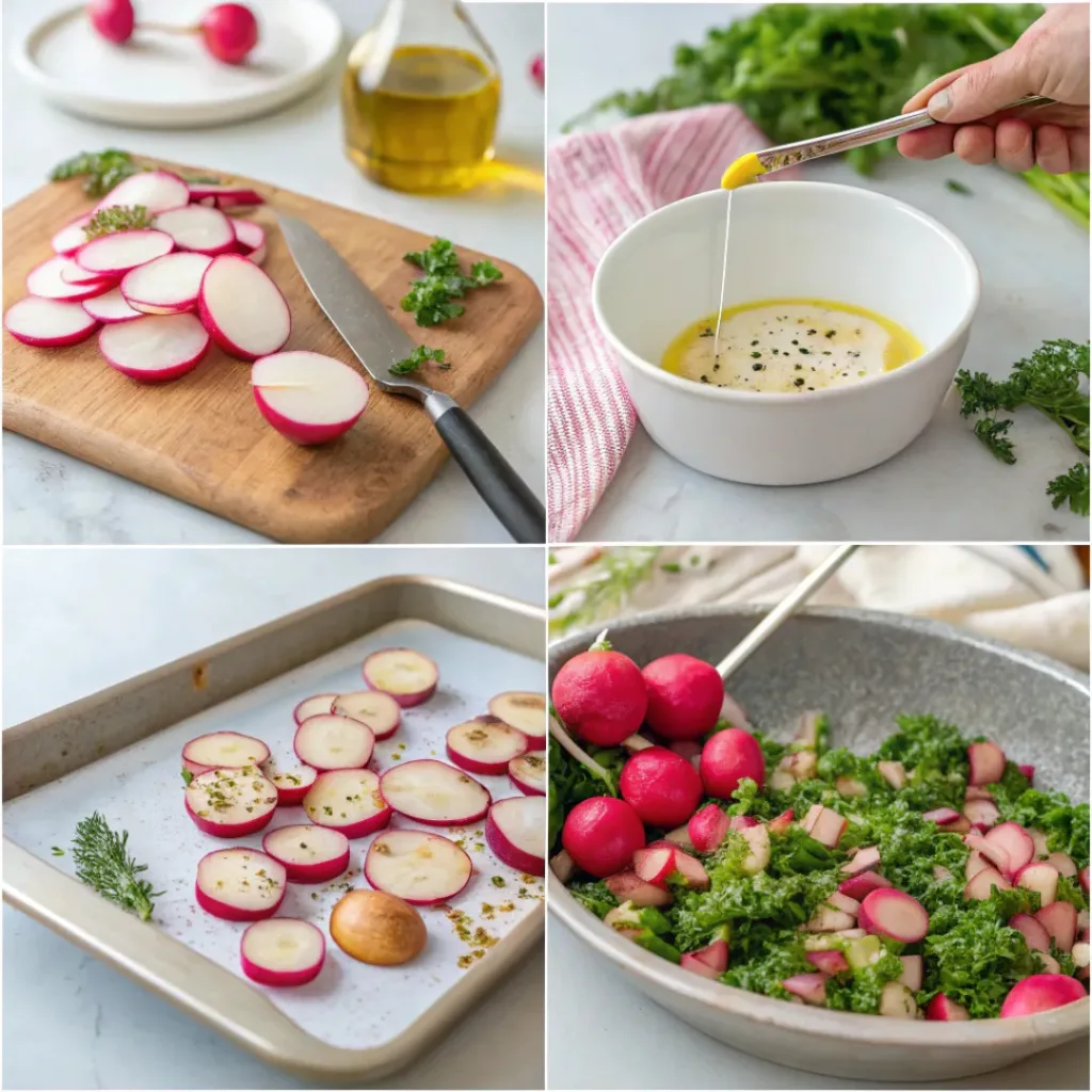 Step-by-step collage showing cutting radishes, roasting them, mixing greens, and assembling salad.