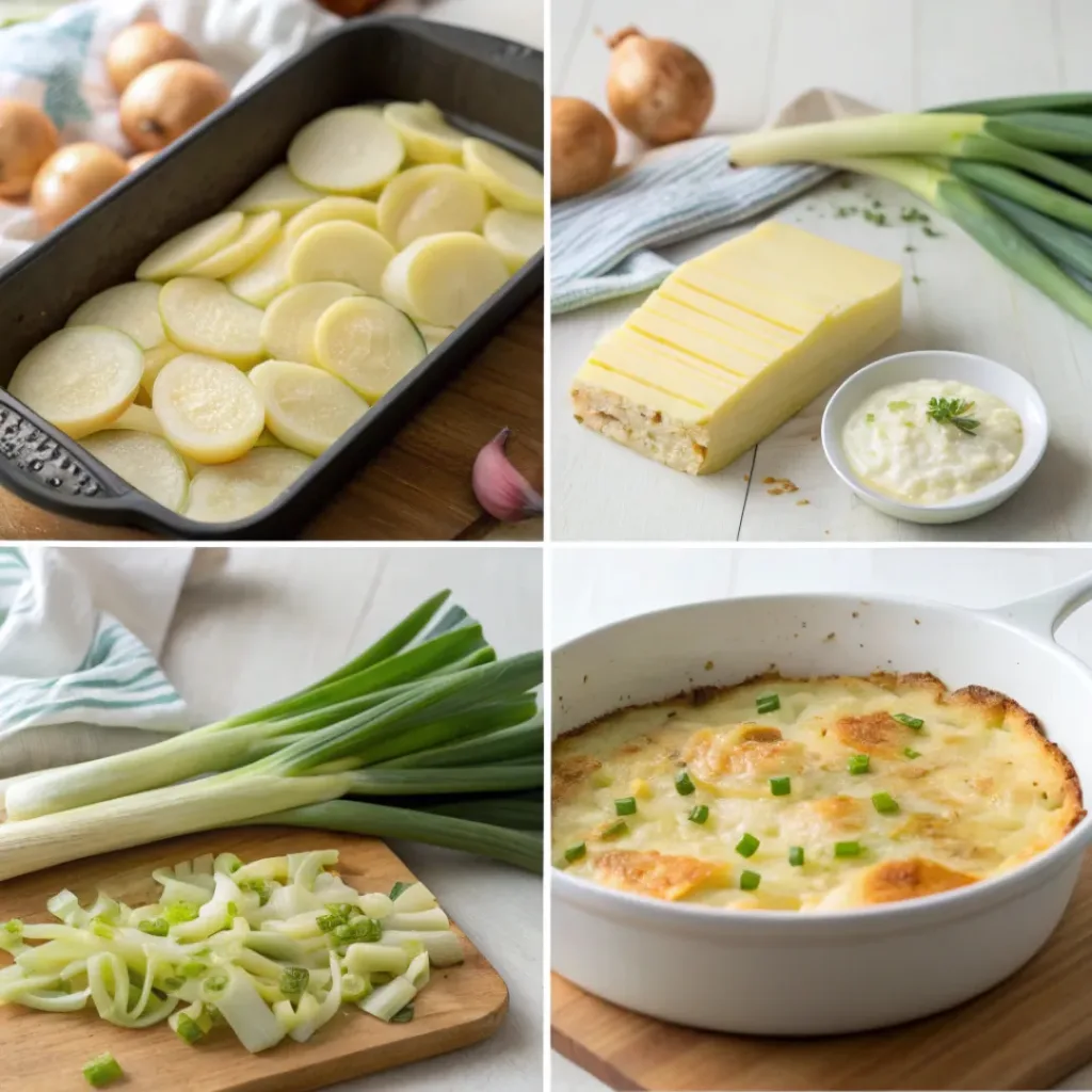 Step-by-step collage showing preparation of scalloped potatoes casserole