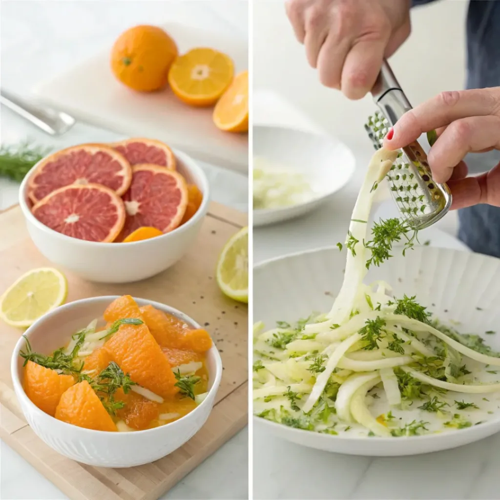Step-by-step collage showing shaving fennel, segmenting citrus, tossing salad, and serving.