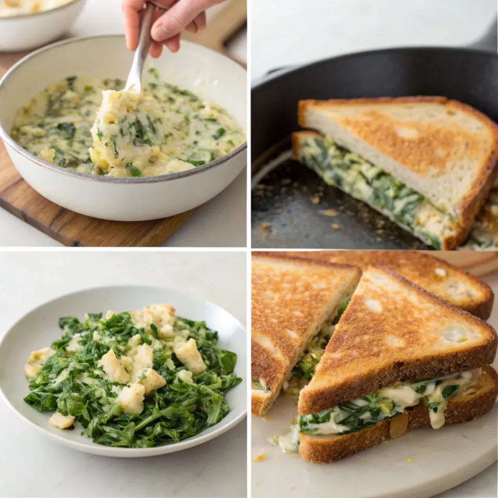 Step-by-step collage showing preparing filling, spreading on bread, grilling sandwich, and slicing to serve.