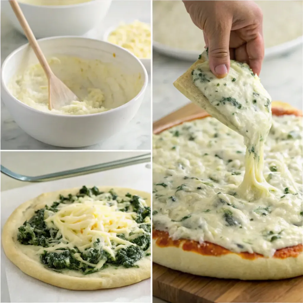 Step-by-step collage showing preparing creamy topping, spreading on dough, adding cheese, and baked pizza.