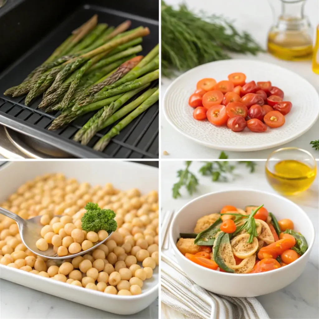 Step-by-step collage showing roasting vegetables, cooking pasta, tossing together, and plating spring chickpea pasta.