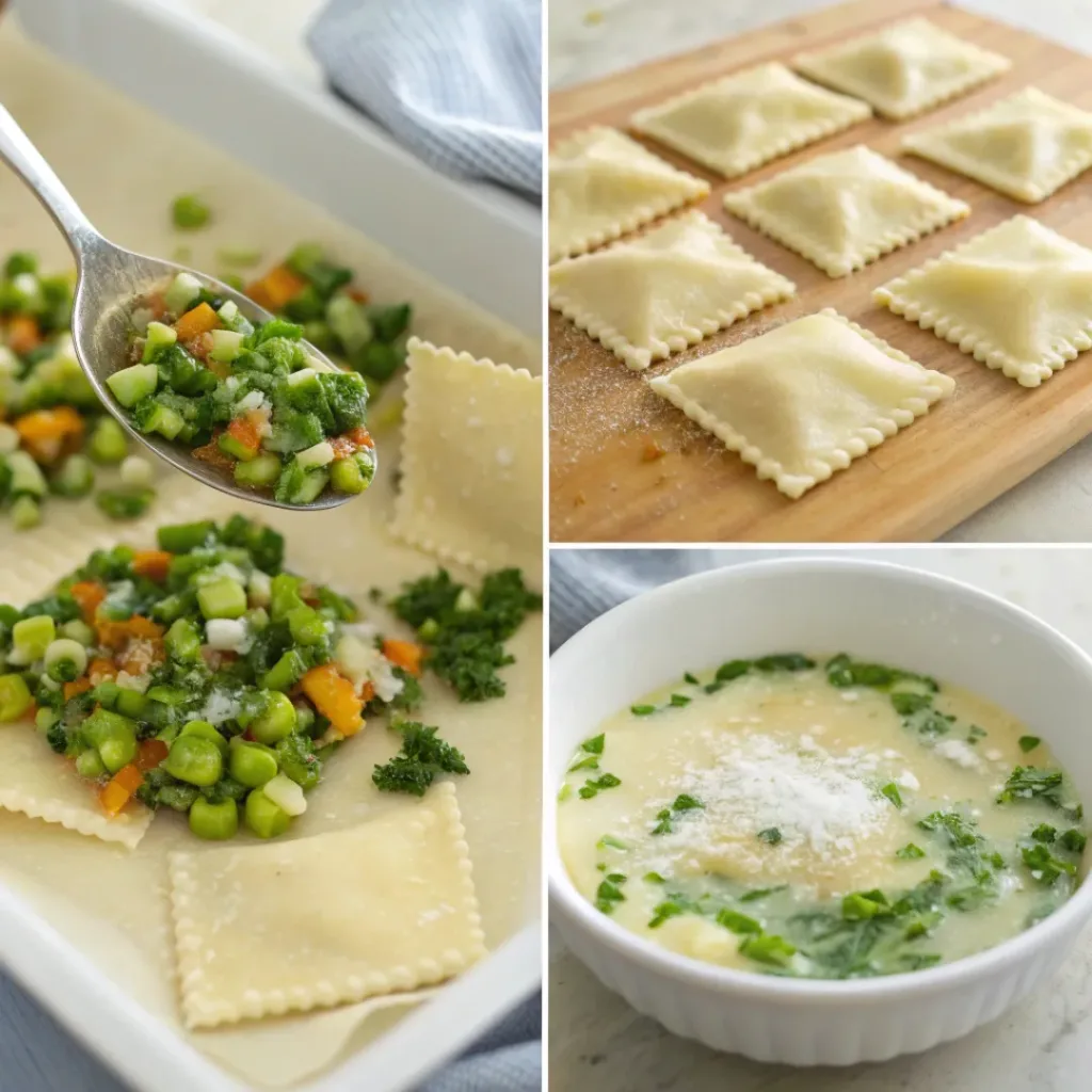 Step-by-step collage showing filling, assembling, cooking, and plating veggie ravioli.