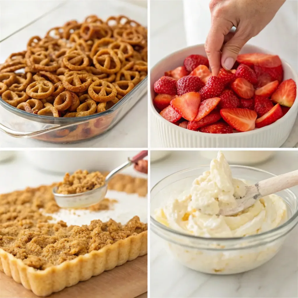 Step-by-step collage showing preparing crust, mixing cream cheese layer, spreading over crust, and topping with strawberries.