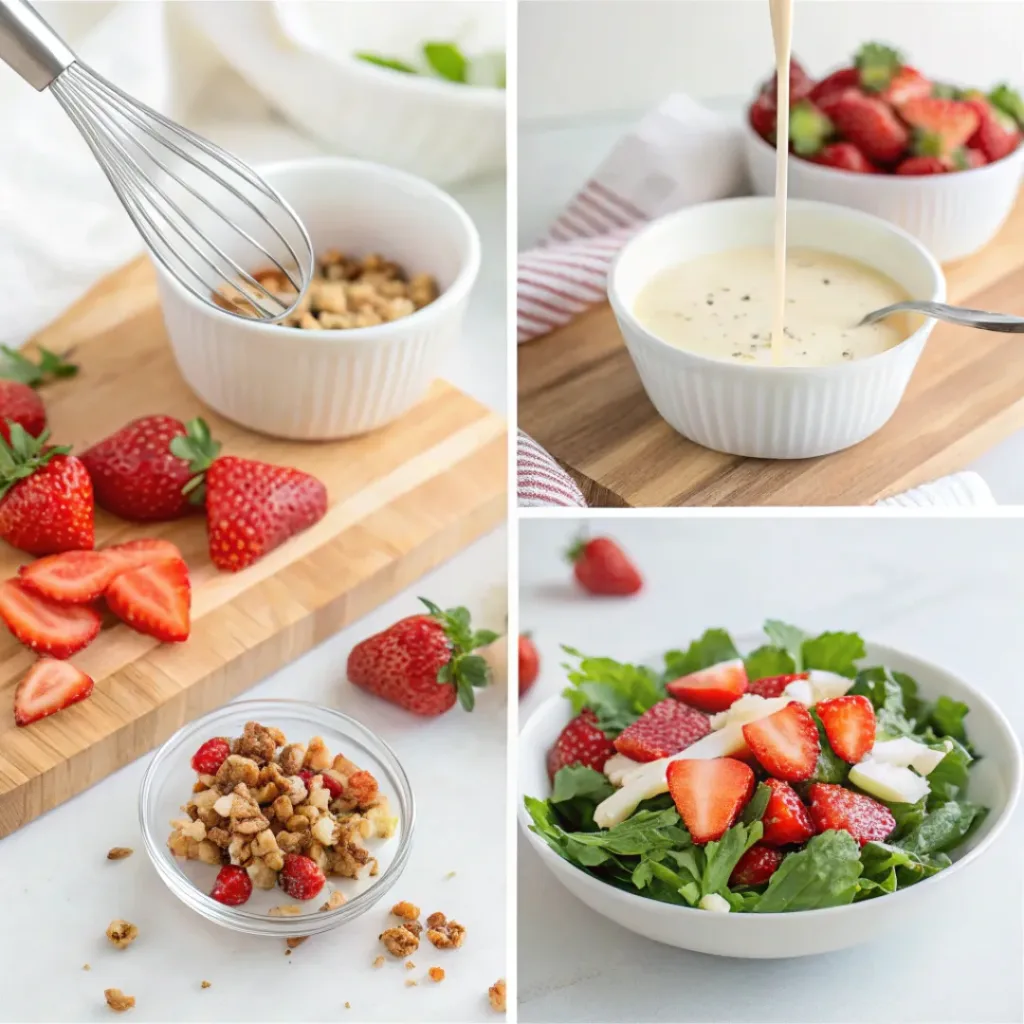 Step-by-step collage showing assembling greens, adding strawberries and nuts, sprinkling cheese and croutons, and serving salad.