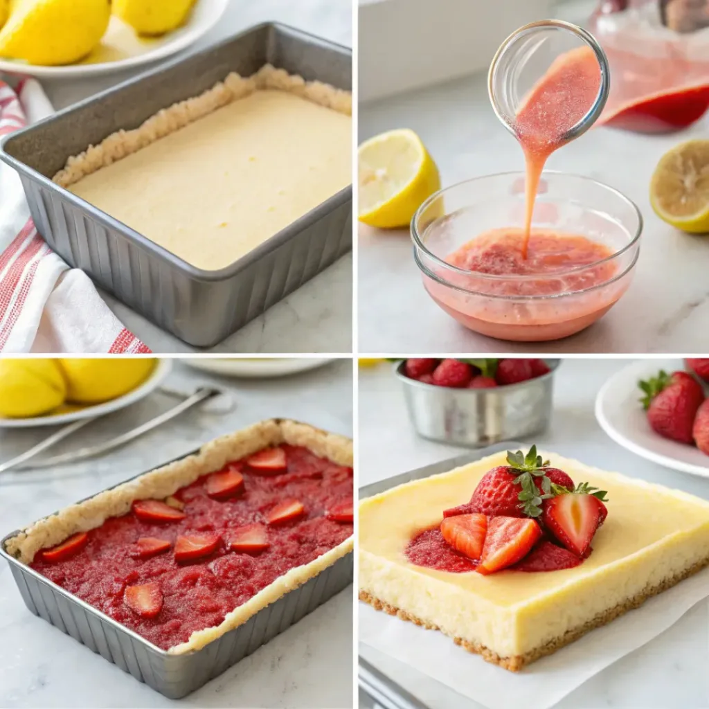 Strawberry Lemonade Bars – Sweet & Tangy Summer Dessert 7 Step-by-step collage showing preparing crust, mixing strawberry lemon filling, assembling bars, and baking.