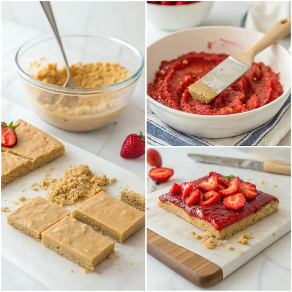 Step-by-step collage showing mixing base, adding strawberry layer, topping, and cutting bars.