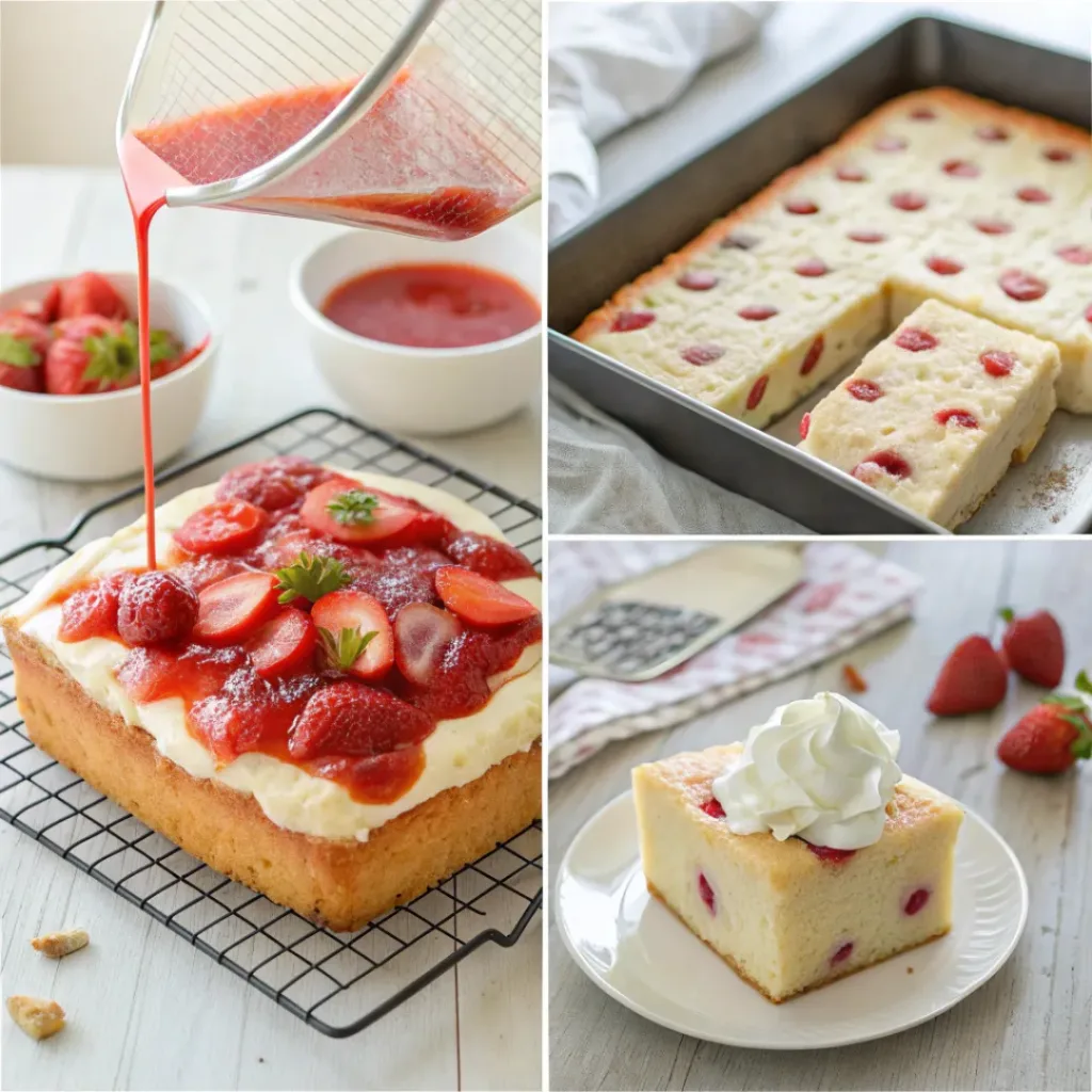 Step-by-step collage showing baking, poking, pouring strawberry syrup, and decorating cake.