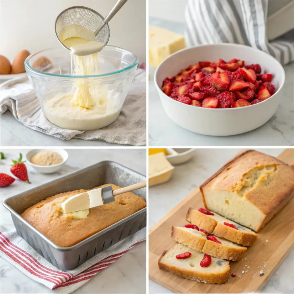 Step-by-step collage showing mixing batter, adding strawberries, baking cake, and slicing loaf.