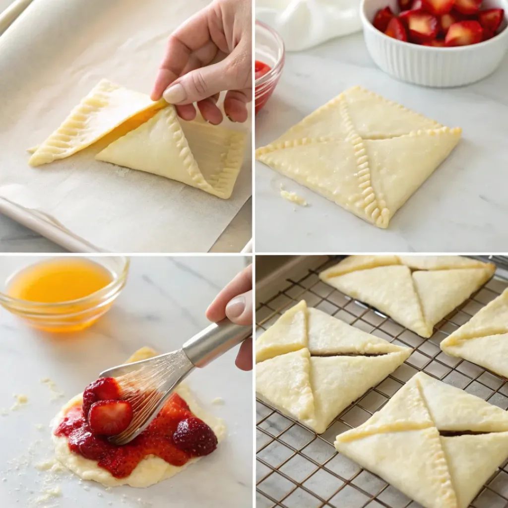 Step-by-step collage showing filling puff pastry, folding turnovers, brushing egg wash, and baking.