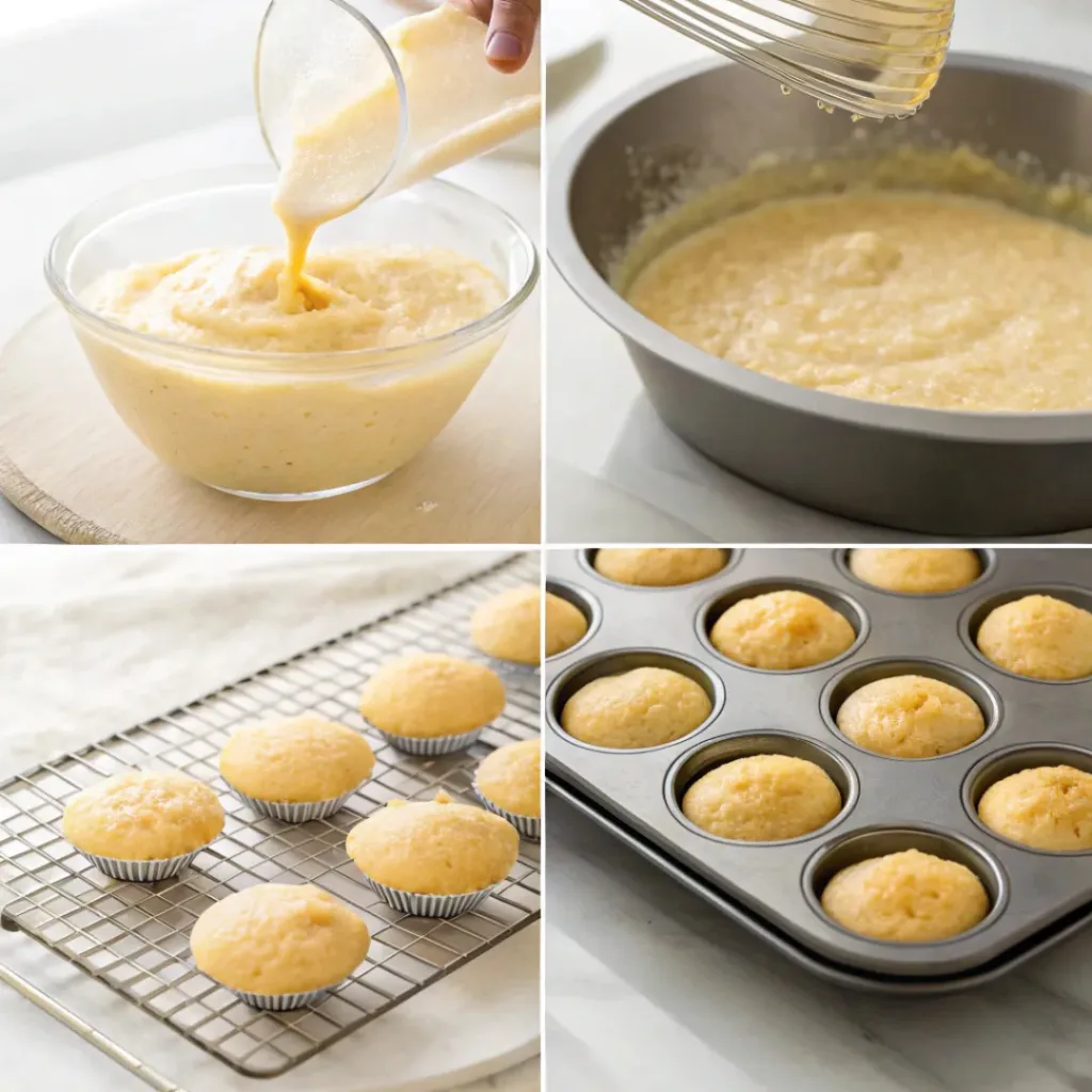 Sweet Southern Cornbread Muffins – Soft, Golden & Slightly Sweet 7 Step-by-step collage showing mixing batter, pouring into muffin pan, baking, and cooling muffins.
