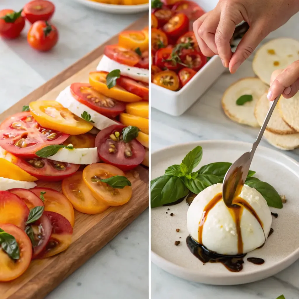 Four step collage showing slicing, arranging, adding burrata, and finishing salad